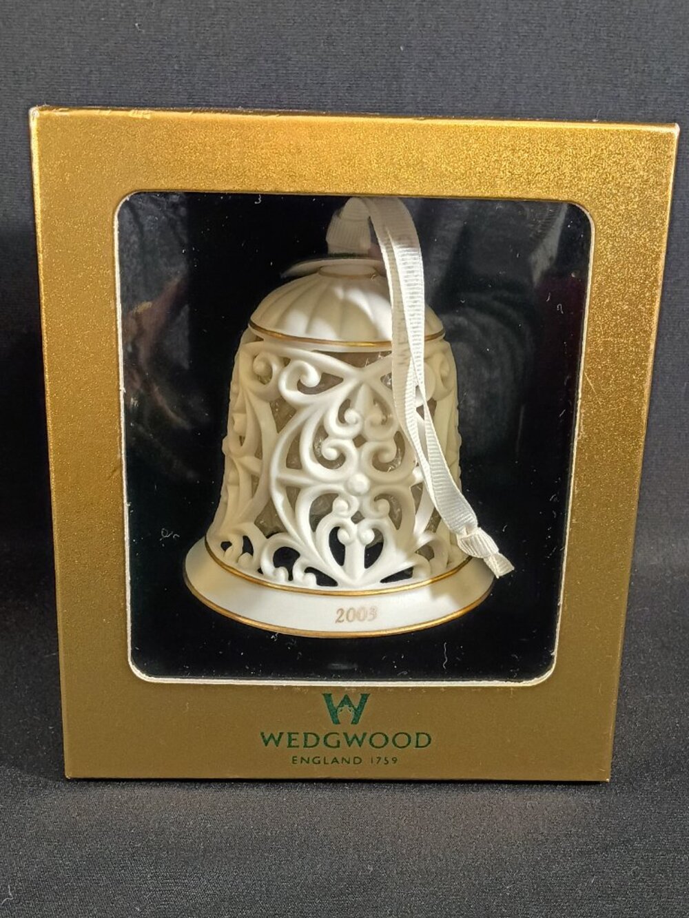 Wedgwood 2003 Annual Pierced Bell Christmas Ornament White Gold Original Box